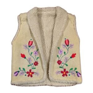 Vintage Wool Embroidered Shearling Vest Boho Folk Hippie Floral Sherpa Lined S/M